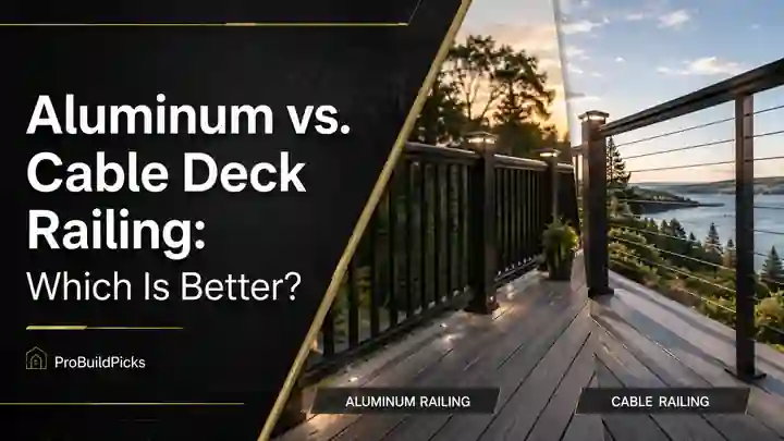 Aluminum and cable deck railing comparison graphic for ProBuildPicks