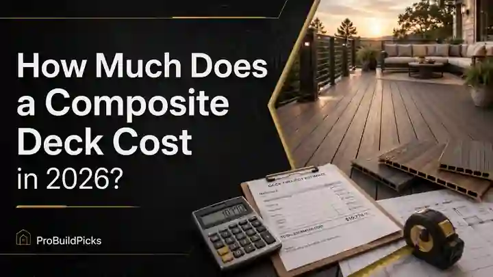 Composite deck cost guide graphic for ProBuildPicks showing a finished low-maintenance deck and 2026 cost theme