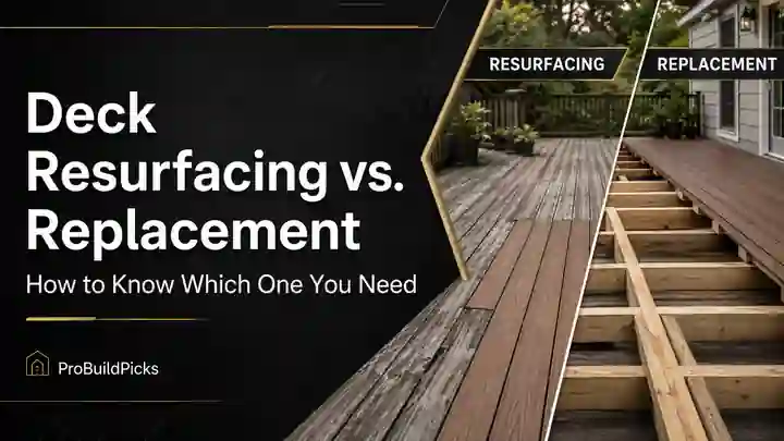 Deck resurfacing versus full deck replacement comparison graphic for ProBuildPicks