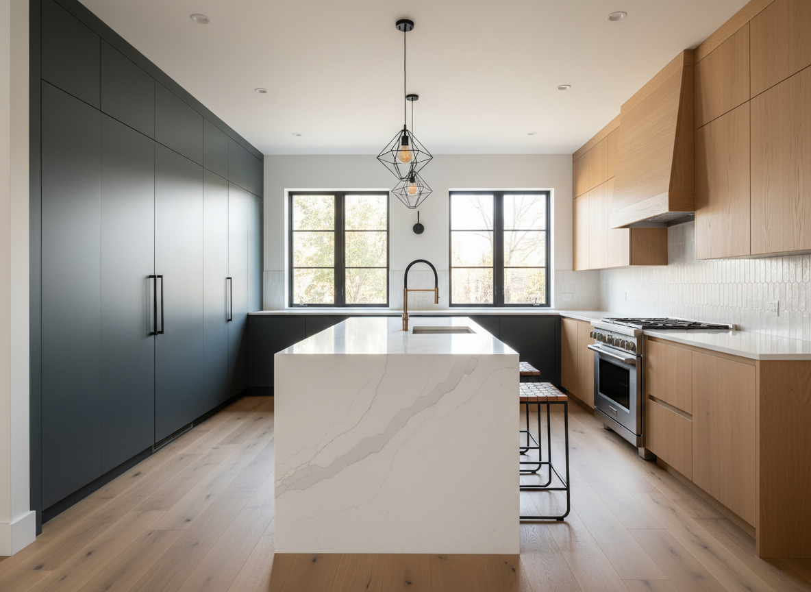 Modern remodeled kitchen with island, custom cabinets and quartz countertops