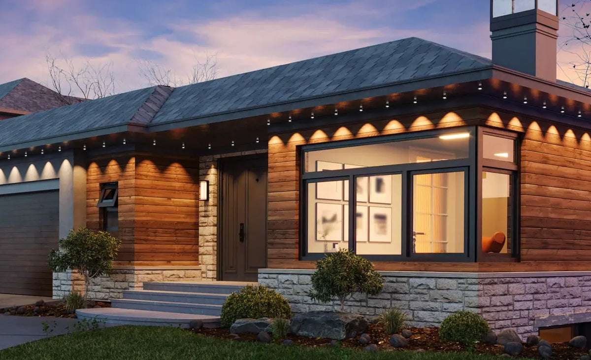 Govee permanent outdoor LED lights installed along a house roofline